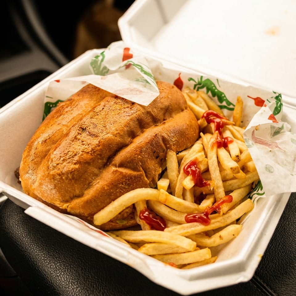 Takeout sandwich and fries with ketchup in a white container inside a car.