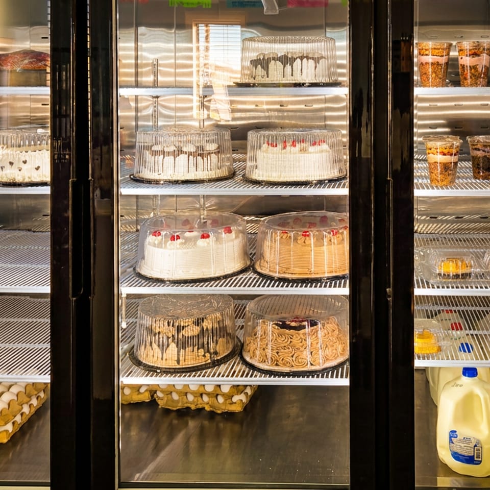 Refrigerated display case stocked with various cakes, parfaits, eggs, and milk gallons.