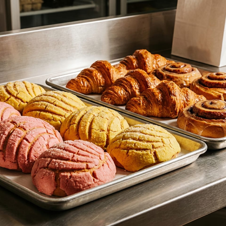 Trays of pink and yellow conchas, golden croissants, and iced cinnamon rolls on a metal counter.