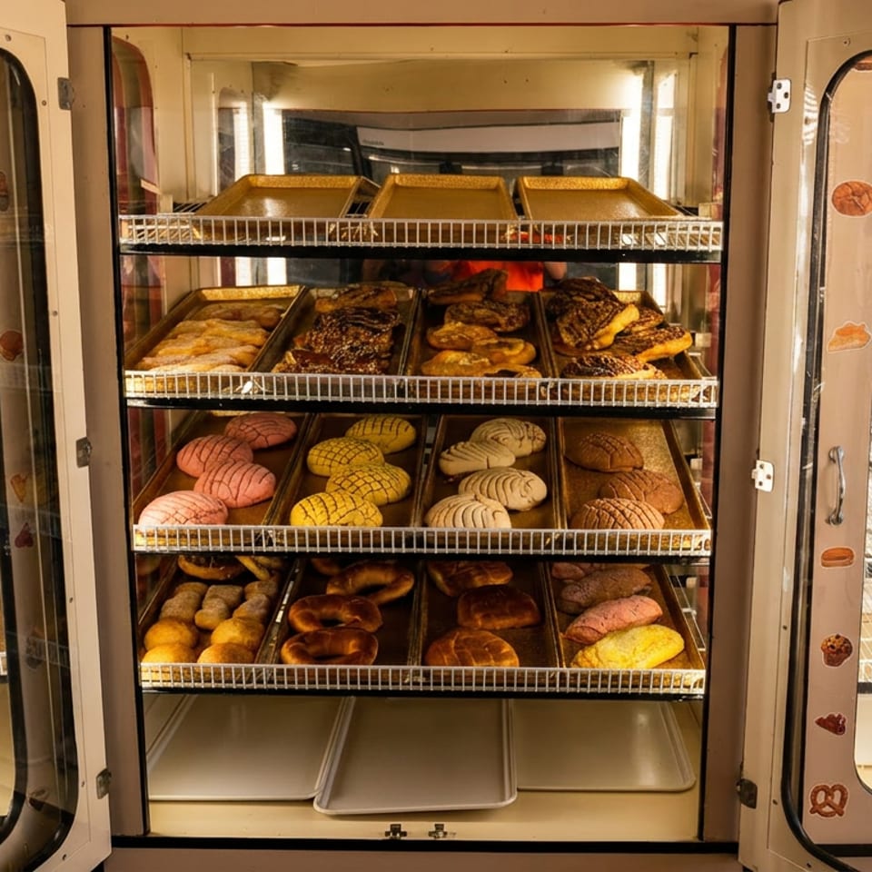 Bakery display case filled with various pastries, including colorful conchas and other baked goods.