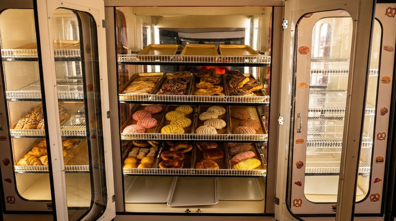 A bakery display case filled with various pastries, including colorful conchas and other baked goods.