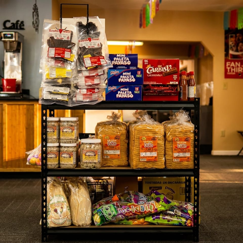 Interior of a cafe or market with a display shelf of snacks, tortillas, and a coffee station.
