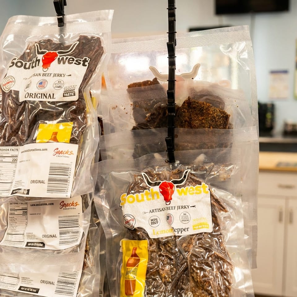 Various Southwest artisan beef jerky packages, including Lemon Pepper, hanging in a store.